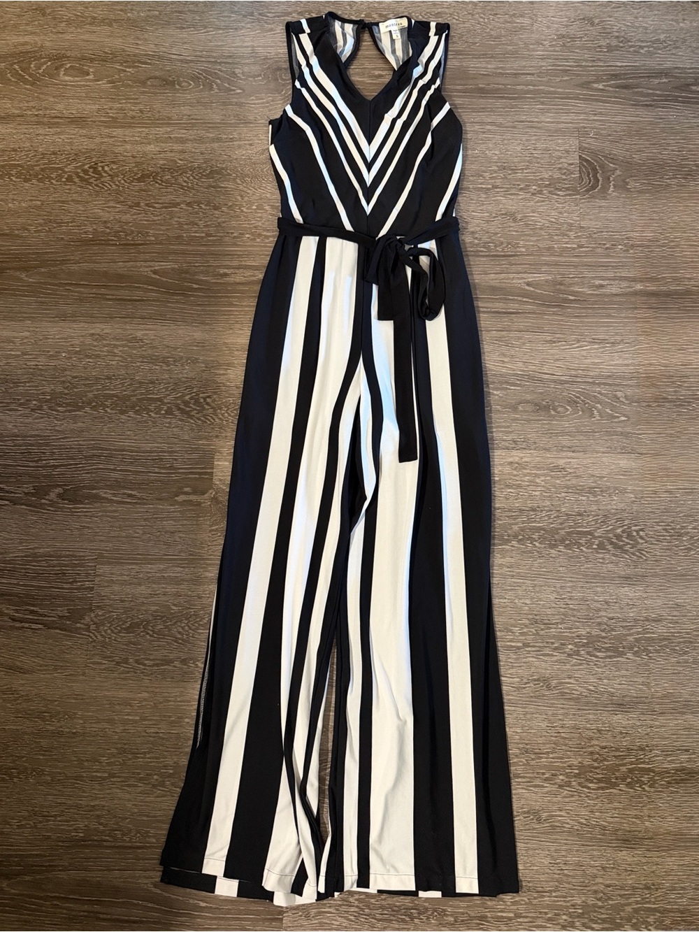 Monteau Black & White Striped Sleeveless Jumpsuit with Tie Belt